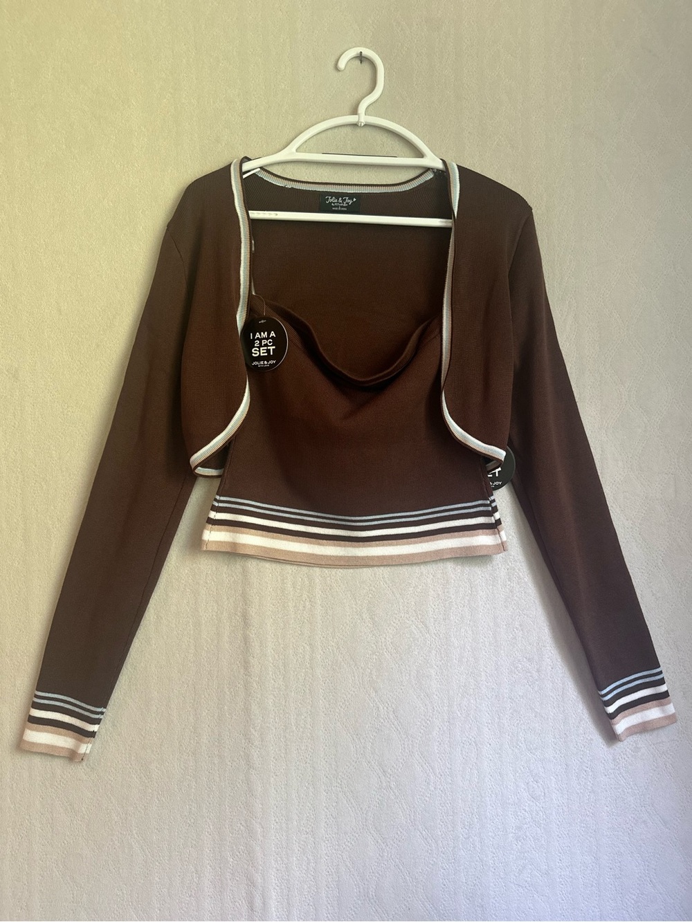 NWT Jolie & Joy Sable Brown Strapless Top  Long-Sleeve Set with Contrast Trim